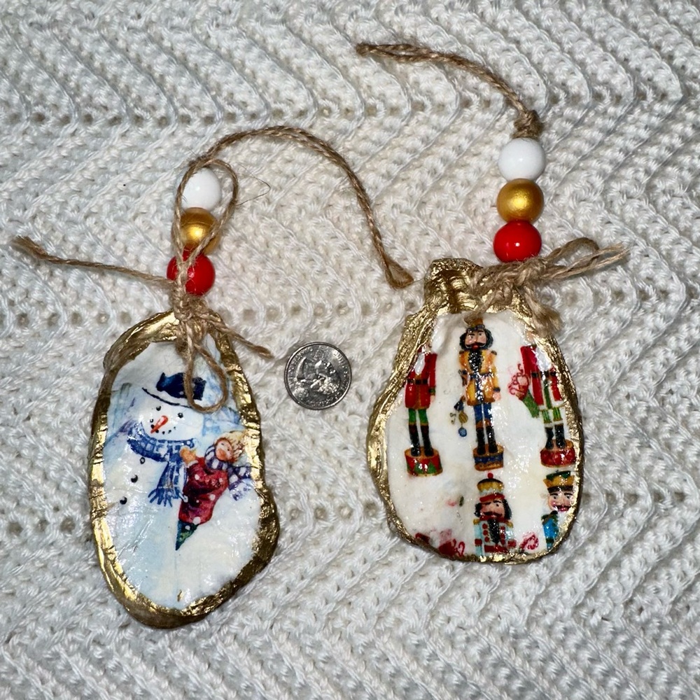 Two Handmade Decoupage Oyster Shell Christmas Ornaments (snowman, nutcrackers)